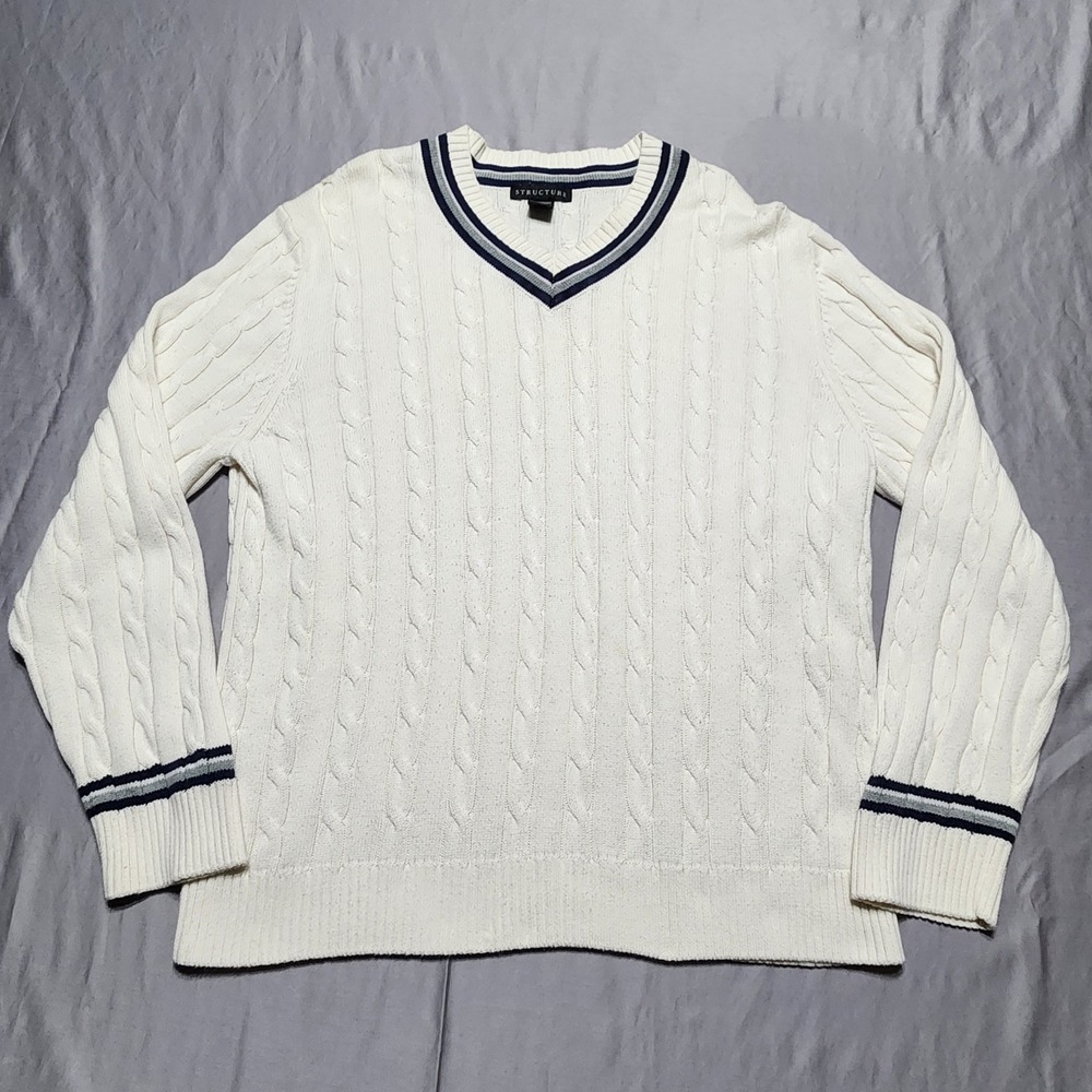 Structure Mens Large White Cable Knit V-Neck Sweater Navy Striped Trim Cricket